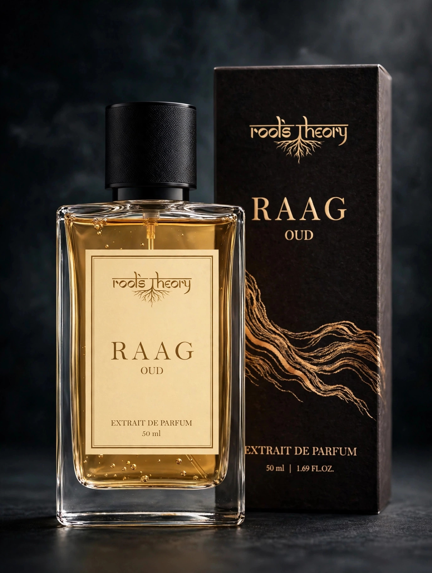 Raag perfume bottle with cream label