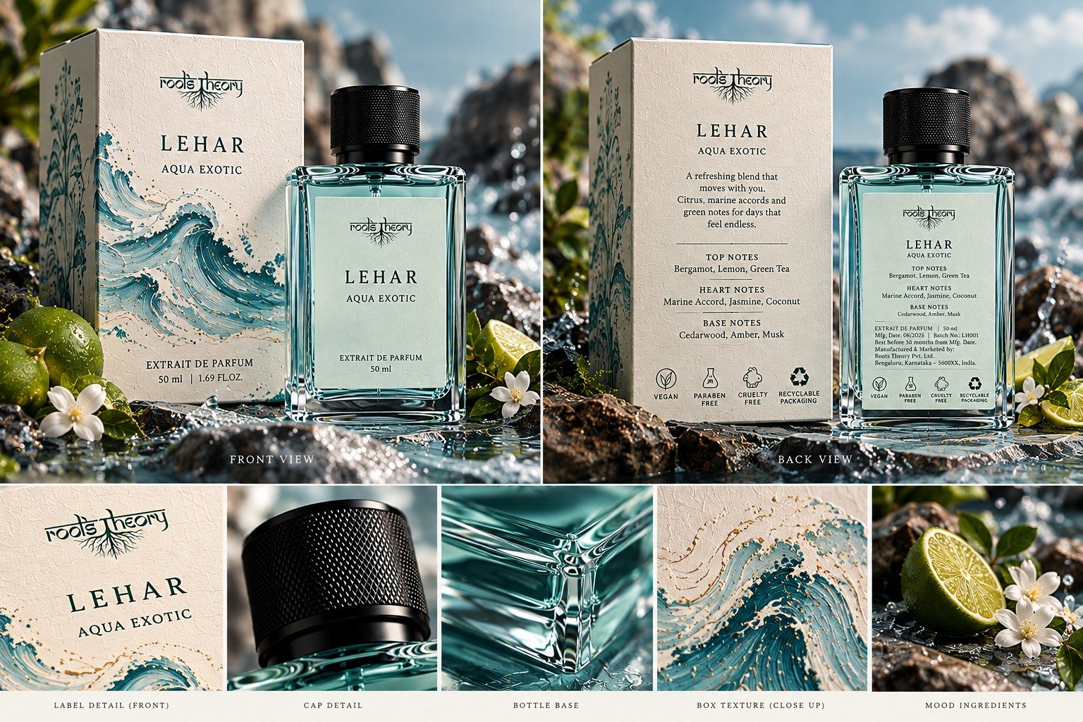 Lehar perfume with aqua packaging, wave artwork and lime