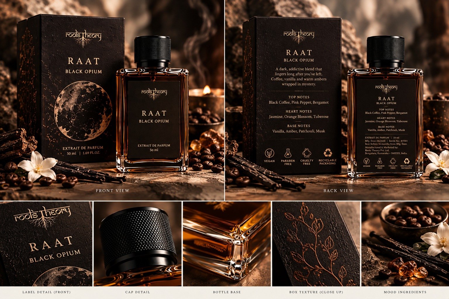 Raat perfume with dark packaging, moon artwork and coffee
